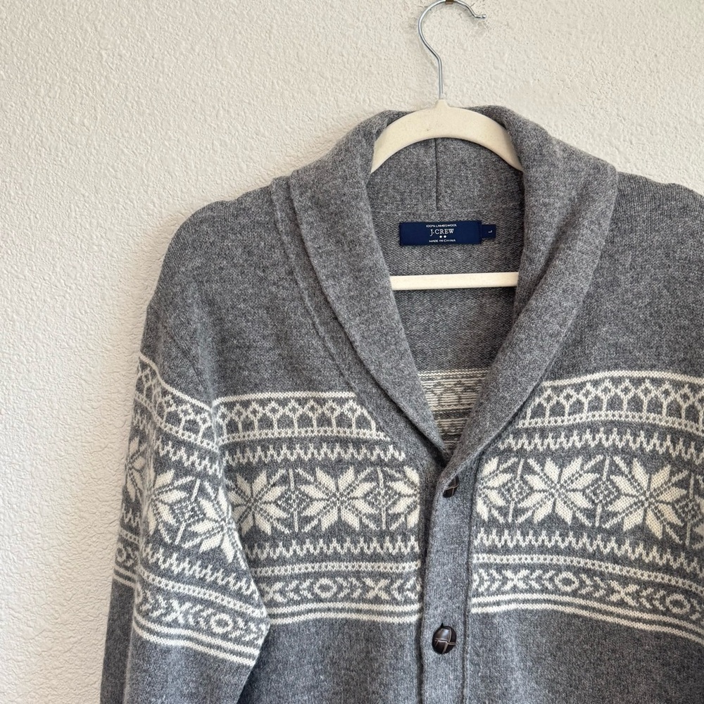 J Crew Men's L 100% Lambswool Cardigan Pocket Shawl Collar Bookshop Fair Isles - Picture 2 of 10